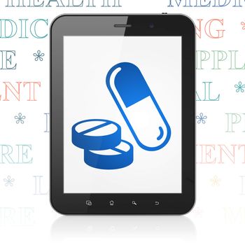 Healthcare concept: Tablet Computer with  blue Pills icon on display,  Tag Cloud background