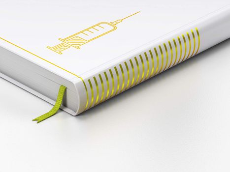 Health concept: closed book with Gold Syringe icon on floor, white background, 3d render