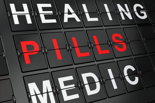 Medicine concept: Pills on airport board background, 3d render 