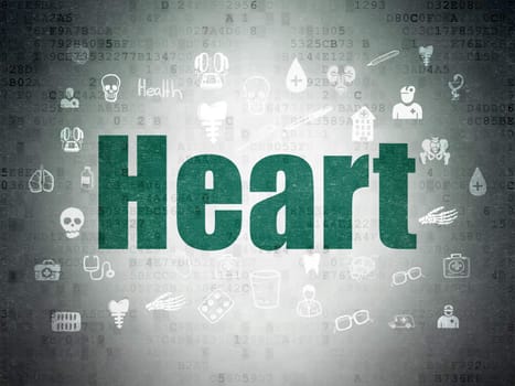 Health concept: Painted green text Heart on Digital Paper background with  Hand Drawn Medicine Icons