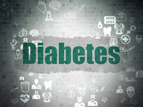Healthcare concept: Painted green text Diabetes on Digital Paper background with Scheme Of Hand Drawn Medicine Icons