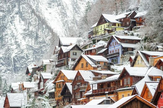 Traditional wooden houses in Hallstatt, austrian alpine town by Salzburg, Austria