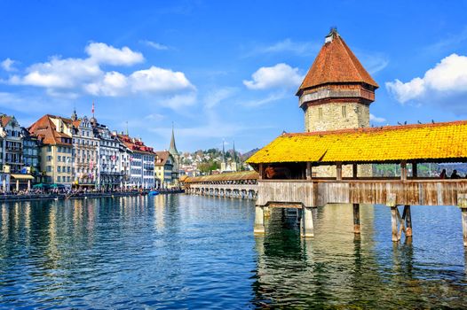 Lucerne, Switzerland, cityscape with wooden Chapel bridge and Water tower