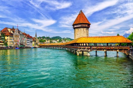 Lucerne, Switzerland, wooden Chapel Bridge and Water tower