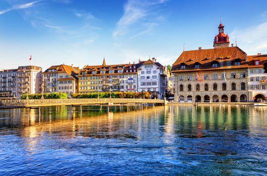 Lucerne, Switzerland, view of the old town with Town Hall and Reuss river