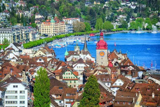 Lucerne, Switzerland, aerial view over old town to the lake