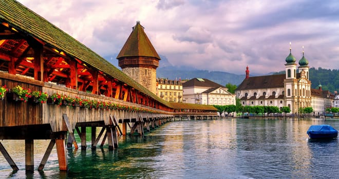 Panoramic view of the Chapel Bridge in Lucerne, Switzerland