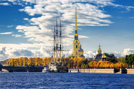 St Petersburg, Russia. Sailing ship anchored by the Peter and Paul Fortress.