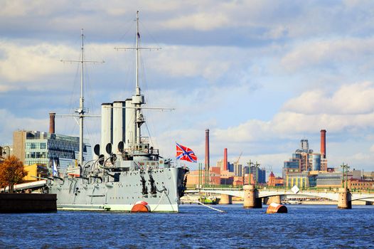 Aurora Cruiser played an important role in October Revolution, St Petersburg, Russia