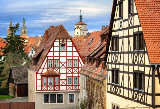 Traditional red tile roofs and half-timbered houses in Rothenburg ob der Tauber, Germany