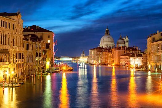 The Grand Canal and Santa Maria della Salute basilica, Venice, Italy, at night