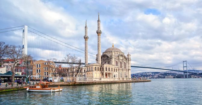 Ortakoy mosque and Bosporus bridge on European side in Istanbul, Turkey