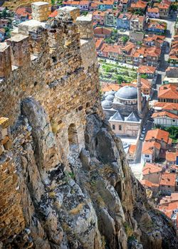 Karahisar castle walls on a hill over the old city of Afyon, Turkey