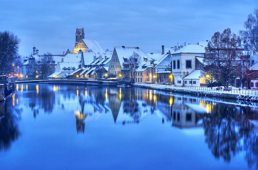 Winter evening in Landshut, german town near Munich, Germany