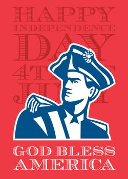 Independence Day or 4th of July greeting card featuring an illustration of an American Patriot revolutionary soldier bust set on isolated background done in retro style with the words God Bless America. 