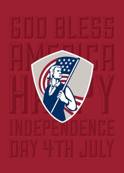 Independence Day or 4th of July greeting card featuring an illustration of an American Patriot holding a USA stars and stripes flag set inside crest shield on isolated background done in retro style with the words God Bless America, Happy Independence Day, 4th July