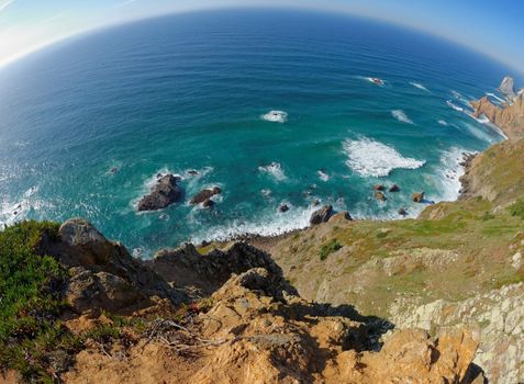 Fisheye view of rocky sea coast at Cabo Da Roca, Portugal