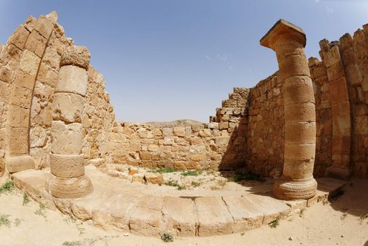 Fisheye view of ancient temple colonnade in Ovdat, Israel