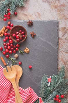 Baking concept background with utensils for Christmas cake. Top view, vintage style, blank space