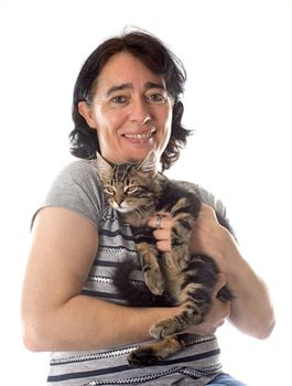 woman and kitten in front of white background