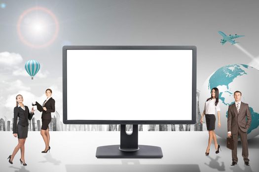 Buisnesspeople with blank screen monitor and city background