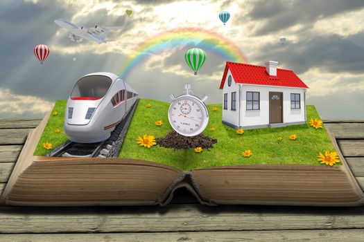 House on open book with green grass and rainbow