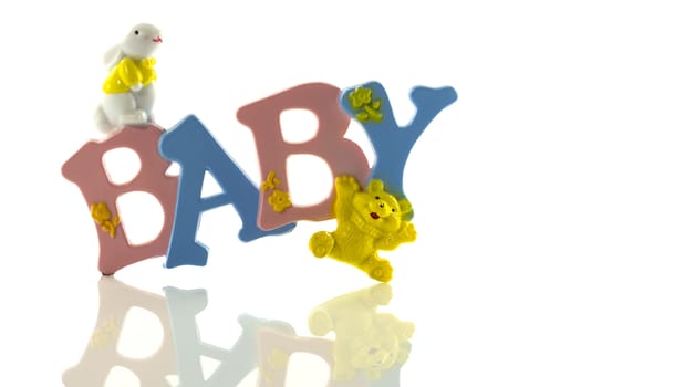 baby card with blue and pink label with rabbit and bear