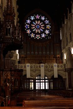 interior windows and seats of St Colman's Cathedral in cobh county cork ireland