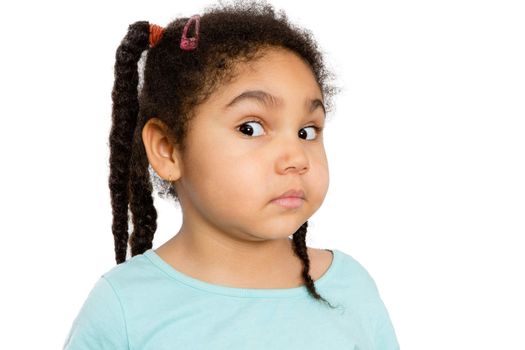 Close up Cute Young Girl Showing Surprised Facial Expression Against White Background