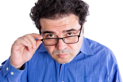 Close up Middle Aged Businessman with Reading Eyeglasses Looking at the Camera Seriously, Isolated on White Background.