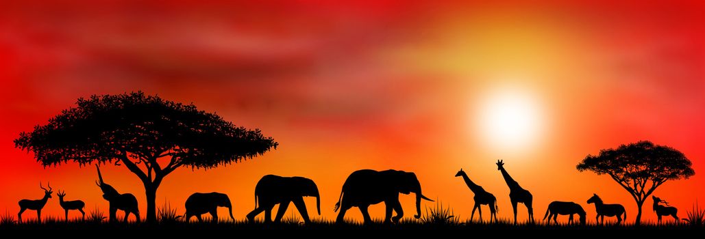 Silhouettes of wild animals of the African savannah.                                                                                                                                                             
