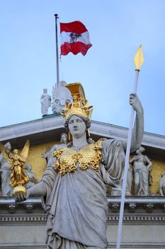 The Austrian Parliament and statue of Pallas Athena in Vienna, Austria
