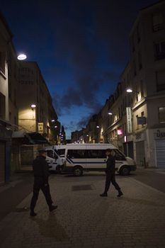 FRANCE, Saint-Denis: Police remain on the streets of Saint-Denis, north of Paris in the hours following a dramatic raid carried out in the wake of the deadly Paris terror attacks on November 18, 2015. Two people were killed and eight arrested at an apartment on Rue de Corbillon targeted by police in an attempt to capture the suspected ringleader of the attacks, Belgian Abdelhamid Abaaoud.