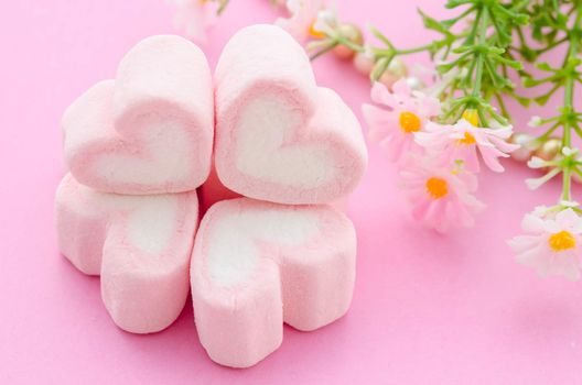 Pink marshmallows heart shape with flower on pink background. Love concept.