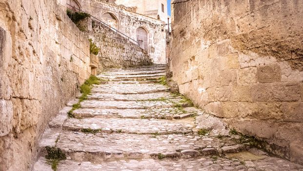 old stairs of stones, the historic building in Matera in Italy UNESCO European Capital of Culture 2019, details of old stairs