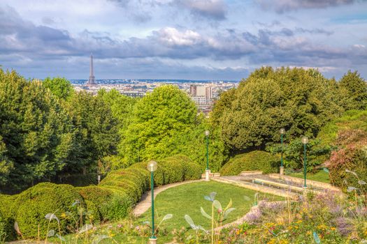 View of Paris cityscape with Eiffel Tower from park Belleville in east Paris