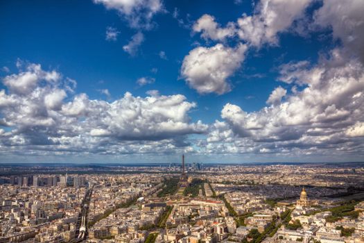 Scenic aerial view of Paris, France, with Eiffel Tower and other major landmarks