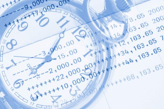 Clock face and book bank statement. Business concept.