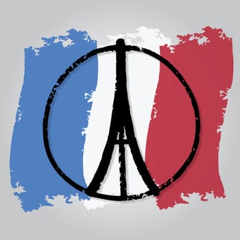 illustration of Eiffel Tower ,peace symbol icon on France flag, doodle hand drawn, Peace for Paris, Pray for Paris, Love Paris