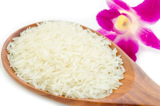 Thai Fragrant Jasmine Rice in a wooden spoon with Orchid Flower on white background.