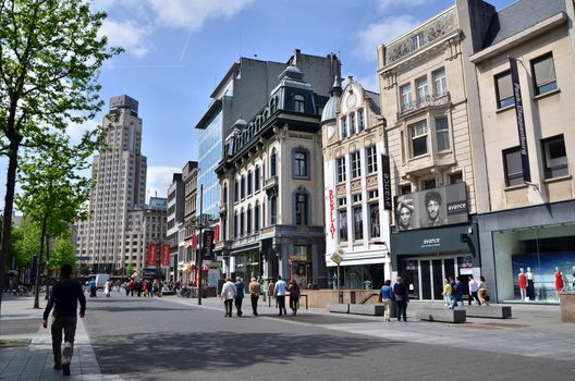 Antwerp, Belgium - May 10, 2015: Tourist on The Meir, the main shopping street of Antwerp, Belgium. on May 10, 2015.