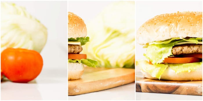 Hamburger with cheese and ingredients on a white background with a multi panel effect.