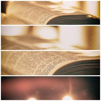 Bible with candles in the background. Low light scene with a multi panel aged and grain effect.
