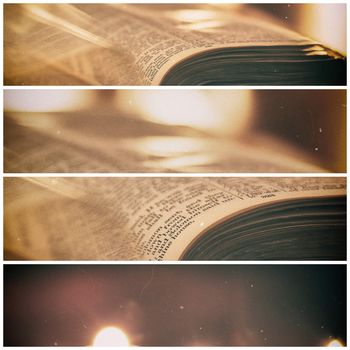 Bible with candles in the background. Low light scene with a multi panel aged and grain effect.