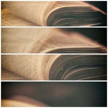 Bible with candles in the background. Low light scene with a multi panel aged and grain effect.