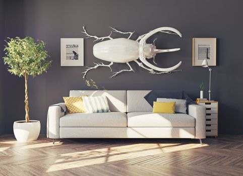 the rhino beetle in the living room as a decor. 3d concept