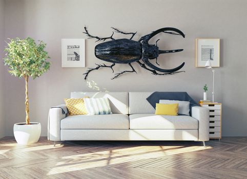 the rhino beetle in the living room as a decor. 3d concept