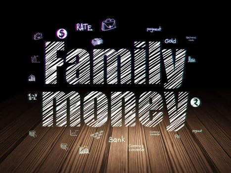 Currency concept: Glowing text Family Money,  Hand Drawn Finance Icons in grunge dark room with Wooden Floor, black background