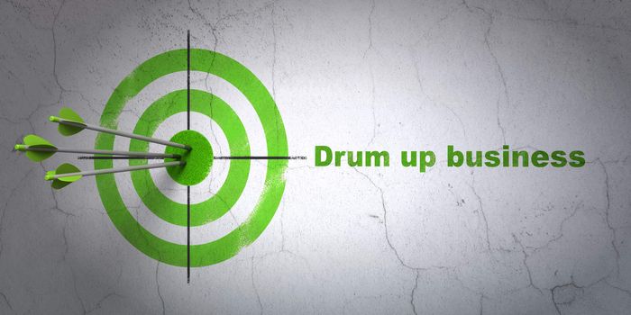 Success finance concept: arrows hitting the center of target, Green Drum up business on wall background