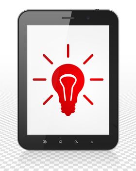 Finance concept: Tablet Pc Computer with red Light Bulb icon on display